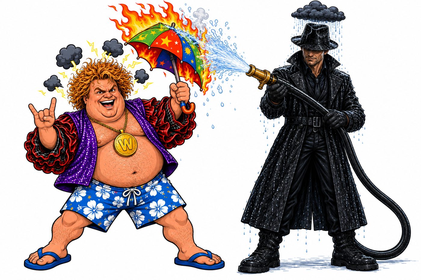 El Niño mid-laugh with his flaming umbrella raised, while The Rainman calmly hoses it down